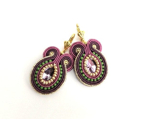 Statement  hand embroidered earrings, purple, green, golden - soStudio