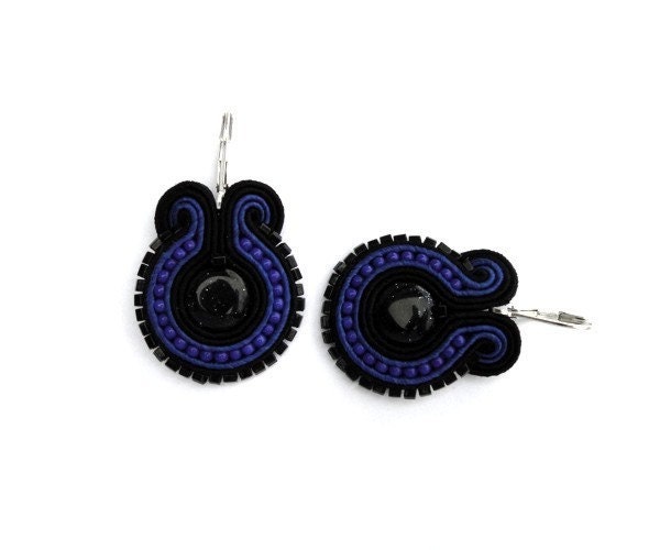 Blue goldstone hand embroidered earrings, black, navy blue, soutache earrings