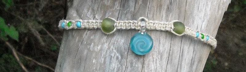 blue and green spiral pendant hemp necklace