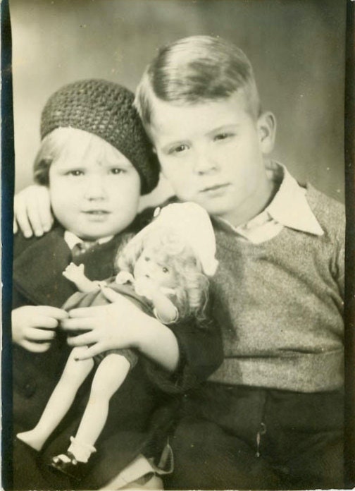 Vintage Photo "Brother, Sister, Dolly", Photography, Paper Ephemera, Snapshot, Old Photo, Girl, Boy, Collectibles - BC016