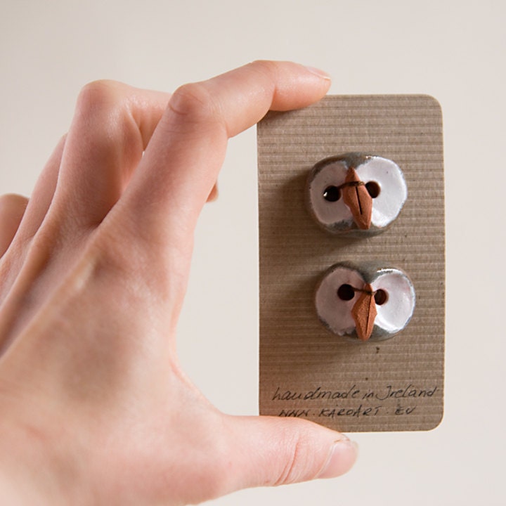 OWL ceramic BUTTONs, set of 2, perfect addition to kids knitting project, autumnal hat, winter coat, handshaped in terracotta