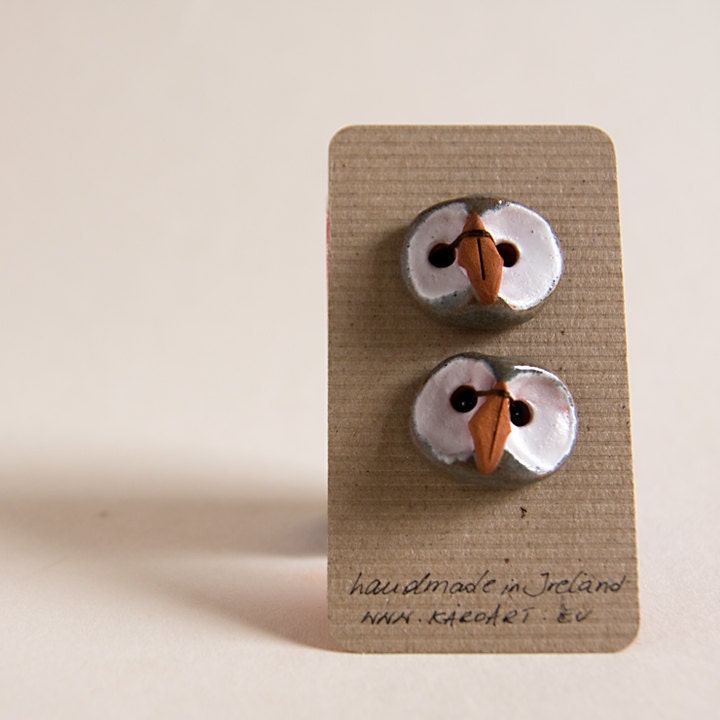 OWL ceramic BUTTONs, set of 2, perfect addition to kids knitting project, autumnal hat, winter coat, handshaped in terracotta