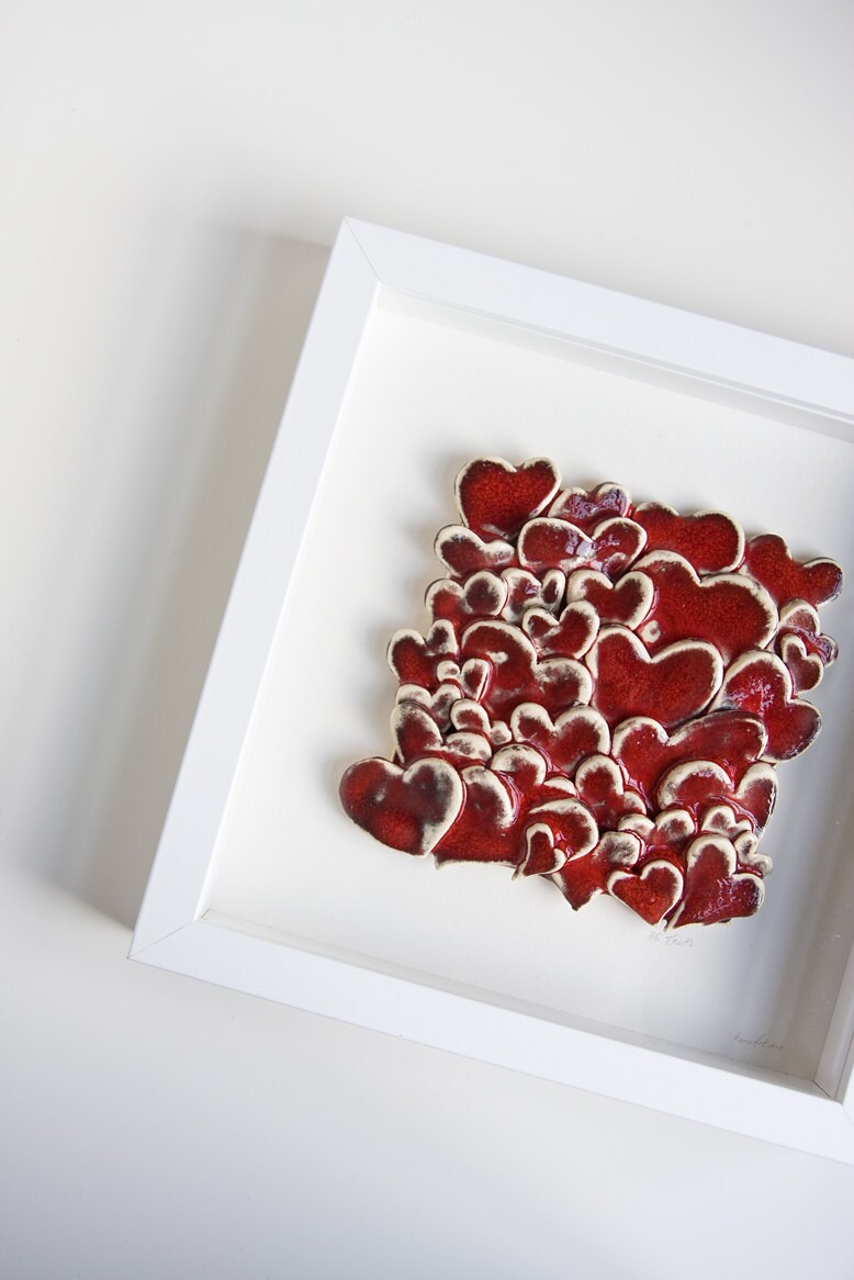 36 Love Hearts, ceramic tile, white and red wall hanging, modern unique home decor, mother's day gift, engagement, wedding, new home present