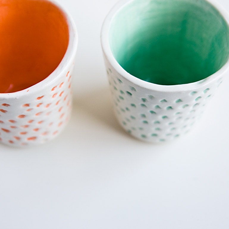 Neon Tumbler Set, pair of dotted, modern ceramic cups, teal green and bright orange by karoArt ceramics, handmade in Ireland