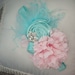 Baby Flower Headband,Aqua Baby Headband, Photo Prop, Headband, Children / Aqua Rosettes and Pink Silk Flower with Aqua Ribbon Headband