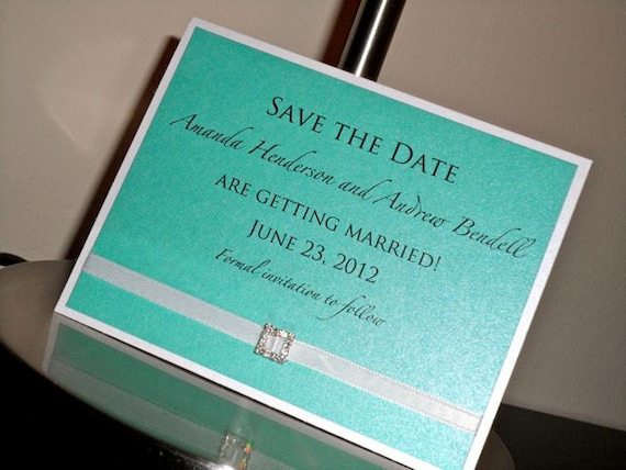 Save the Date - White and Tiffany Blue with White Ribbon and Small Rhinestone Buckle - sample