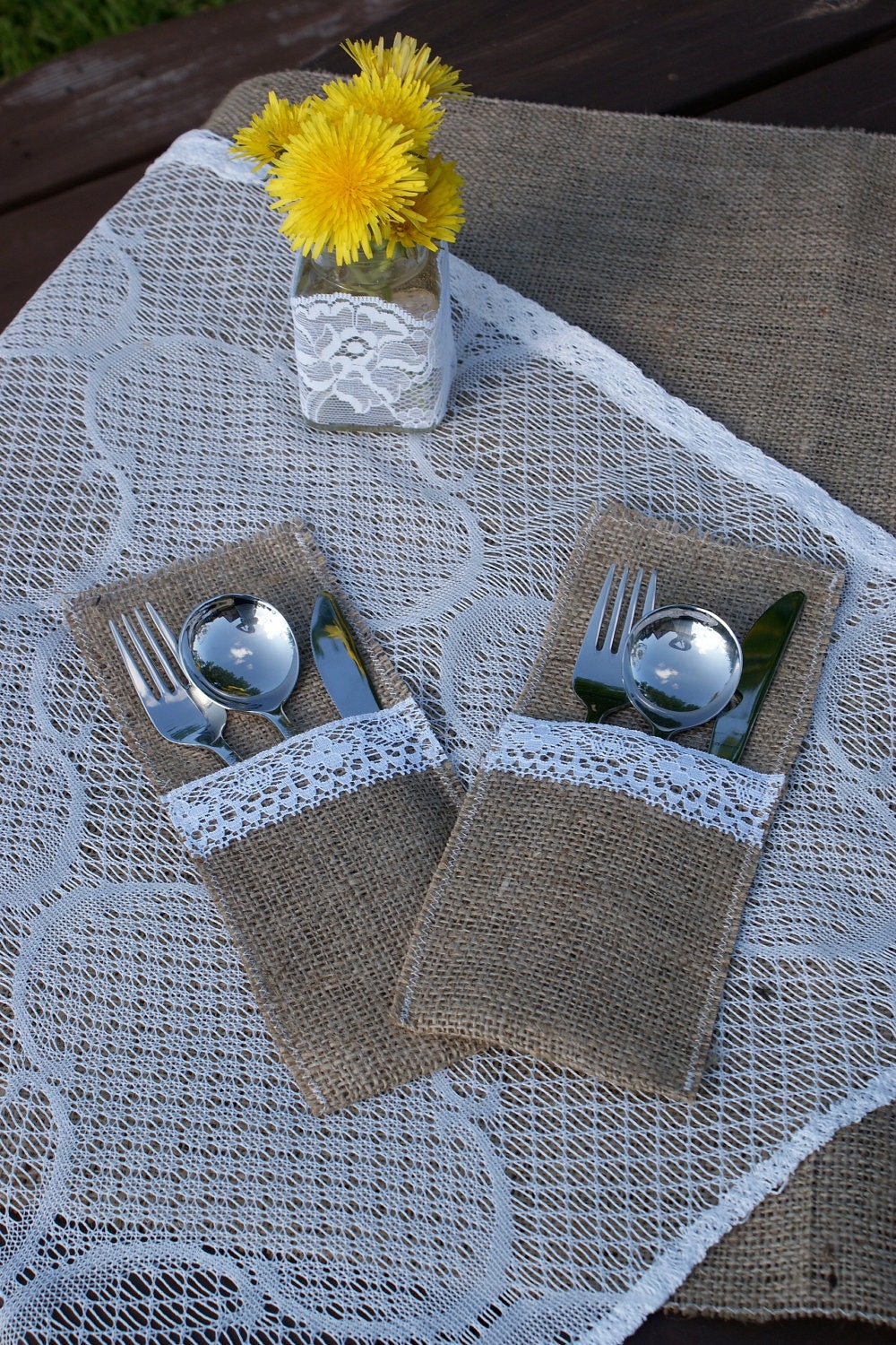 Silverware holders, lace and burlap, set of 12 - Littlewhiteboutique