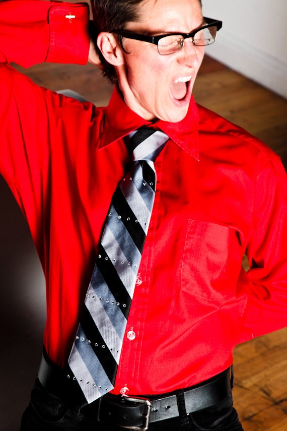 The Dragging The Line Tie: Black and Grey Diagonal Stripe Necktie with Swarovski Crystals