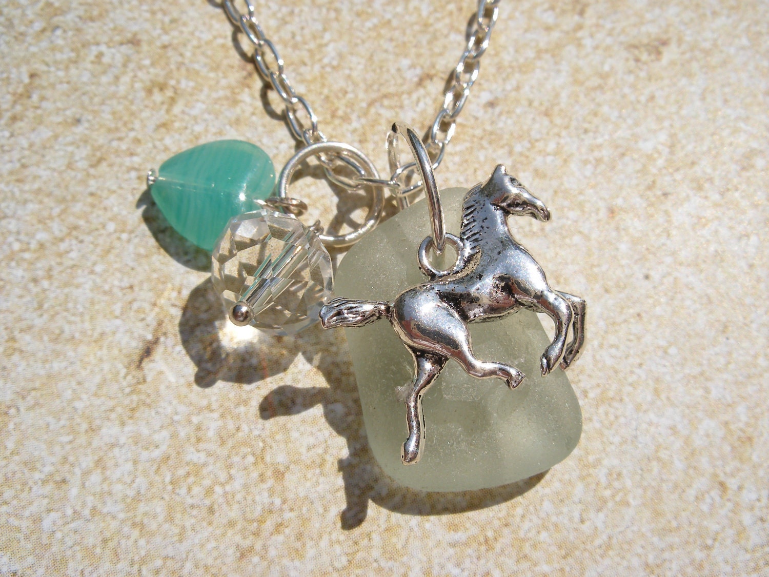 Horse Necklace with Scottish Sea Glass and Turquoise Blue Heart