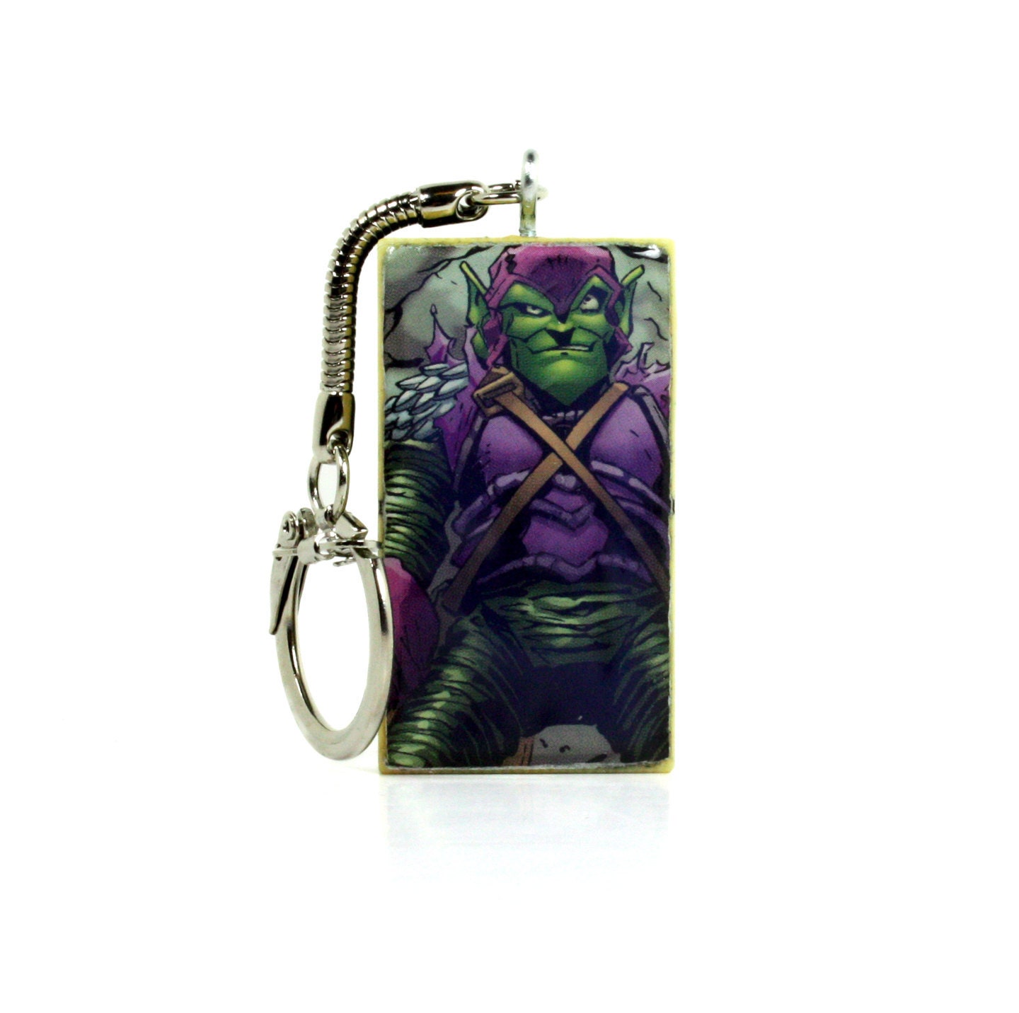 Green Goblin Spiderman Comic Book Keychain - Upcycled Eco Vintage Domino Key Chain -