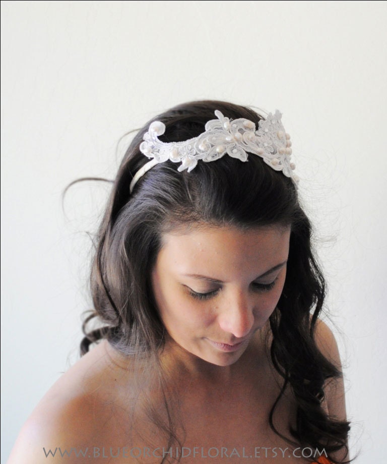 Lace Headband Wedding Bridal Swarovski Crystals Freshwater Pearls Alencon Lace