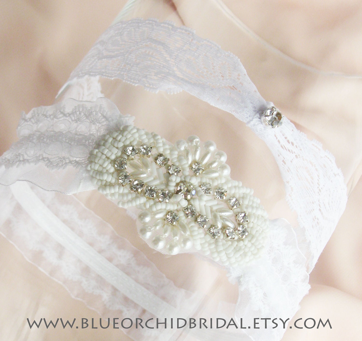Wedding Garter Set Bridal Garter Crystal Beaded Pearls & White Lace Toss Garter