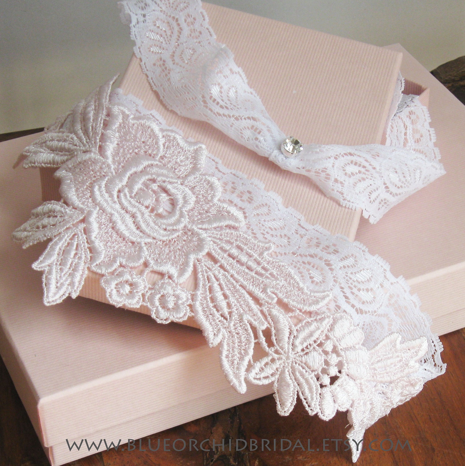 Wedding Garter Set Bridal Garter Pink & White Rose Lace Toss Garter
