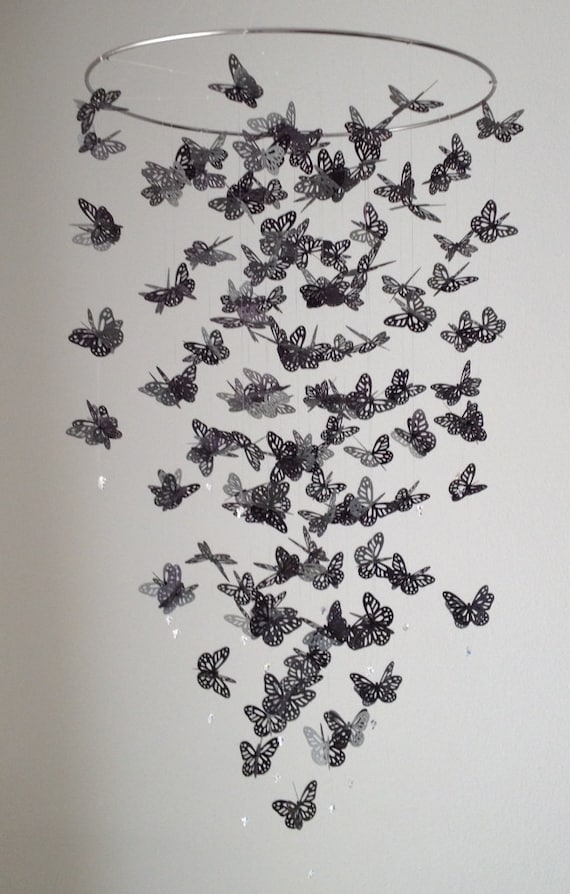 Monarch Butterfly Chandelier  Mobile - Black Grey Night