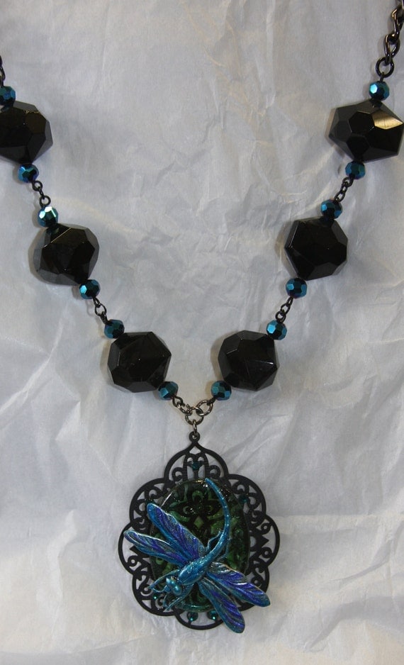 Dragonfly irridescent blue green glass black beads irridescent beads