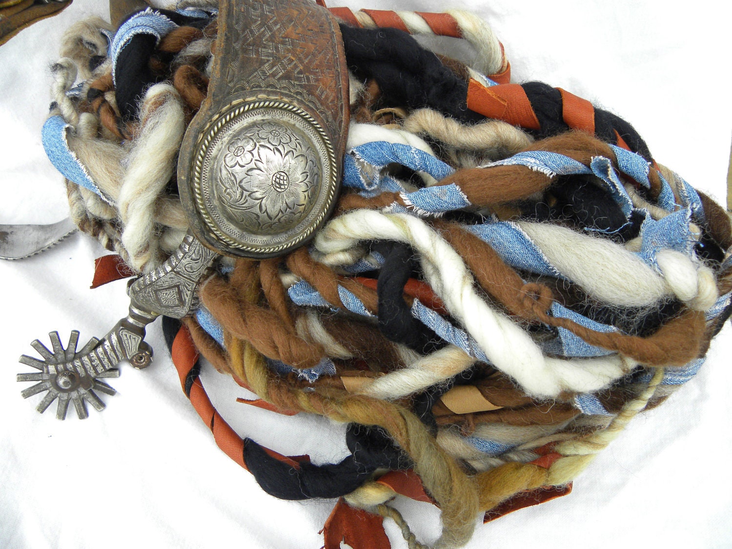 Cowboy-Western, One-of-a-Kind Handspun Art Yarn, With Leather and Denim- Super Bulky Yarn