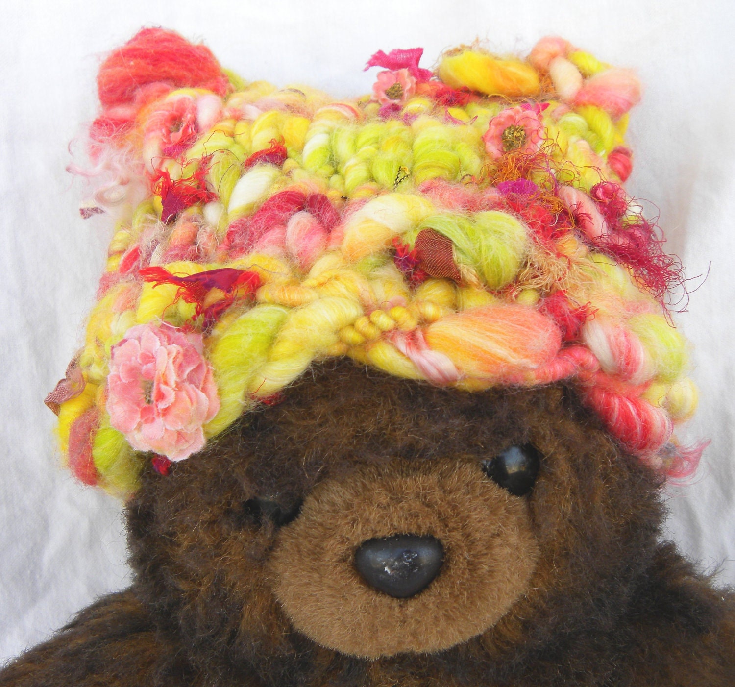 CUSTOM Order, for Michele Hughes-Newborn Hat, From My Own, Handspun Art Yarn Tropical Flowers, Handspun Super Soft Bamboo Blend- Photo Prop