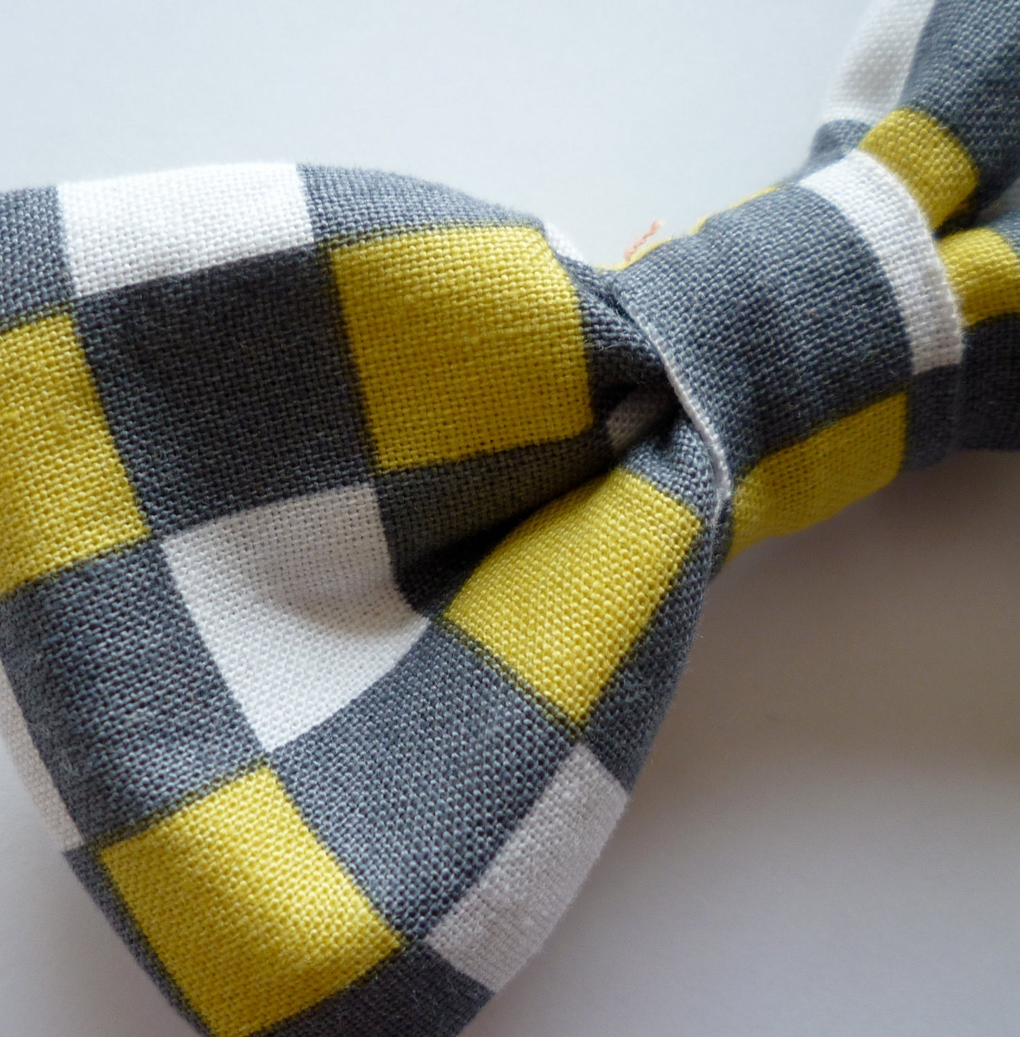 Yellow and Gray Checkerboard Plaid Bow Tie for Men - Clip on