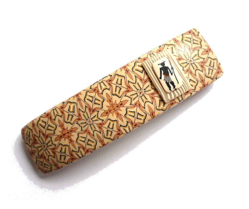EARTHY tones Hair Barrette with French clip, WARRIOR millefiori cane, polymer clay - barrette en pâte polymere fimo - canne guerrier