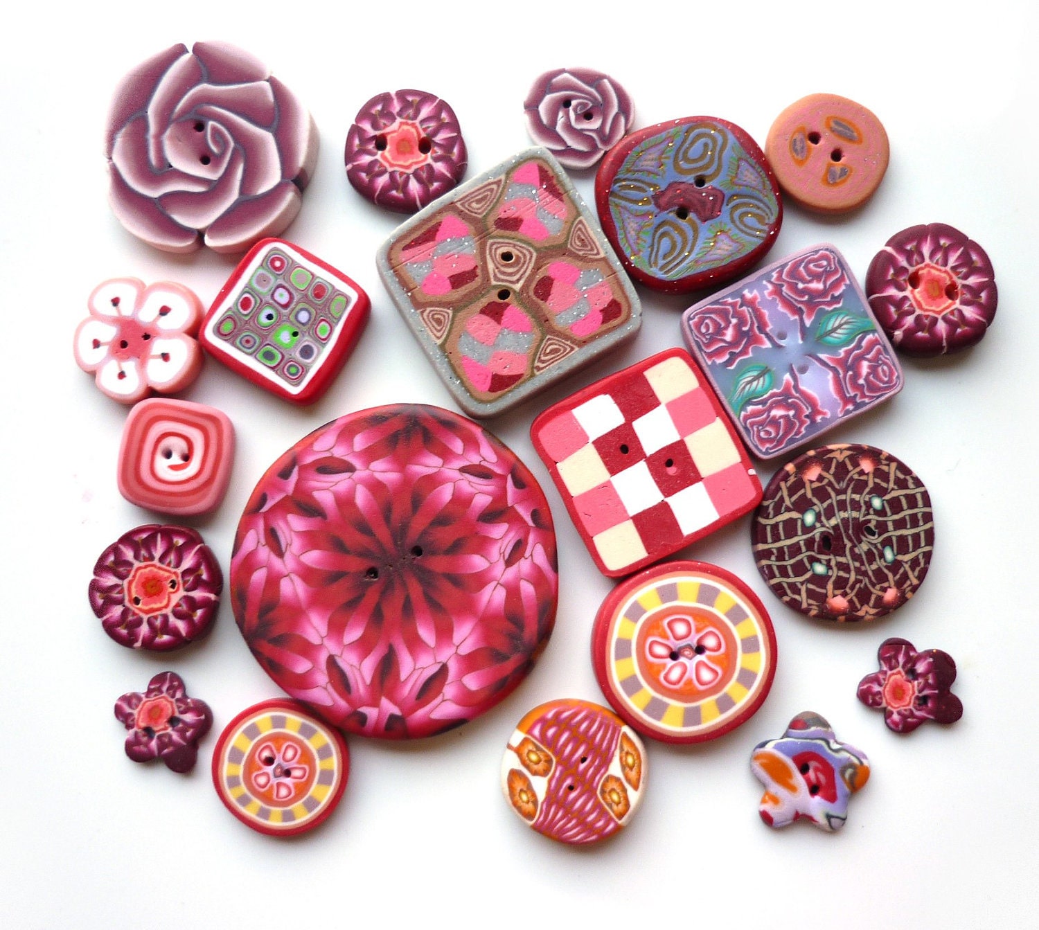 set of 21 buttons - pink red orange - handmade polymer clay