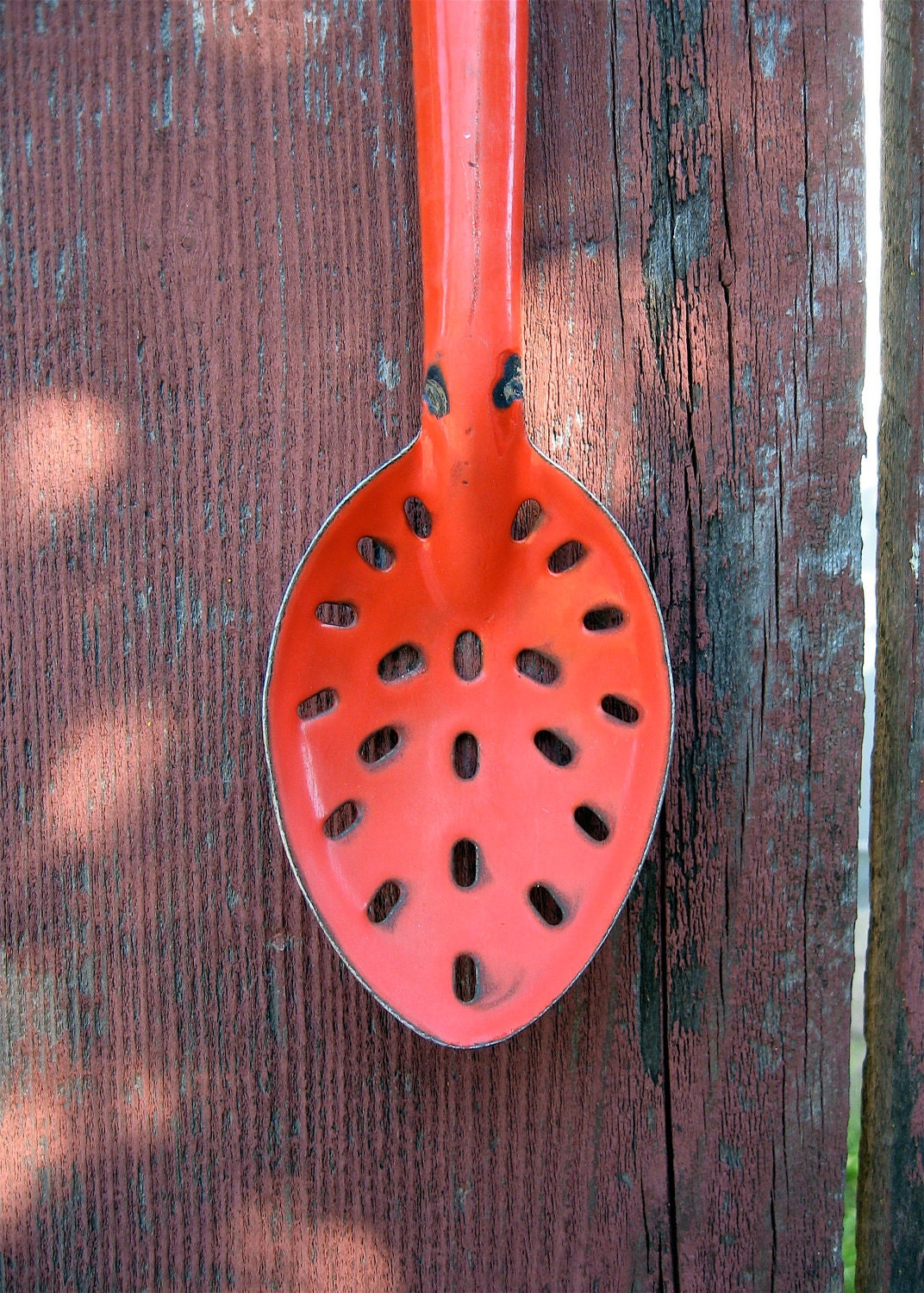 Vintage Red Enamelware Slotted Spoon