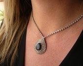 1960s Vintage Diamante Rhinestone Choker Style Necklace with Jet Glass Pear in Rhinestone Teardrop Pendant Medalion, Made in Hong Kong