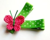 Baby Hair Clips - Crochet Hair Clips - Toddler Hair Clips - Baby Girl Hair Clips - Pink and Green Crochet Butterfly Hair Clips Set of 2