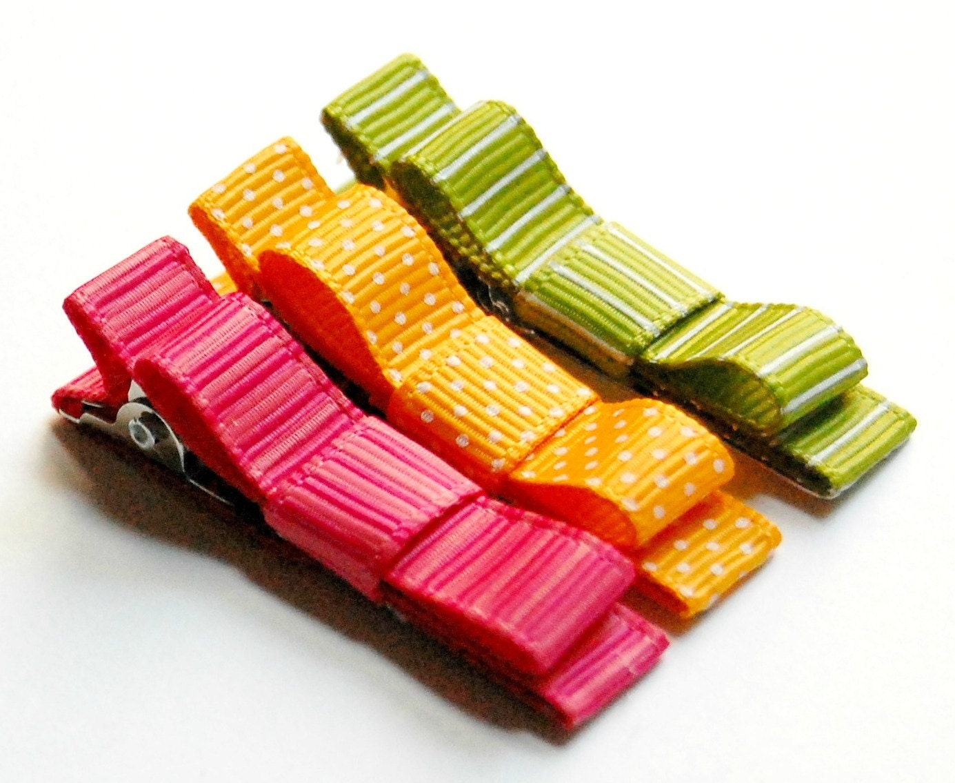 Hair Bows - Baby Hair Clips - Toddler Hair Clips -Pink, Orange, and Green Bow Clips Set of 3,Girl, Baby, Toddler, Children clippies