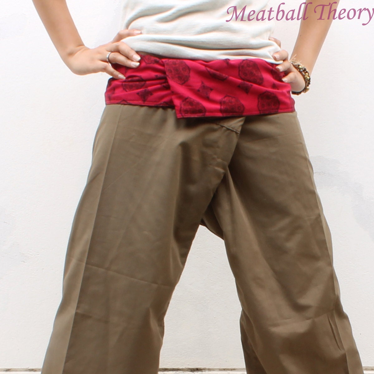 red print on waist and brown Cotton Thai Fisherman Pants M-L