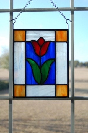 Stained Glass Red Tulip Panel