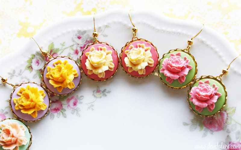 Sherbet Rose- Shabby Chic Cameo Flower Earrings- Vintage Style