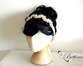 Retro chic - Pearl and ivory beaded headband or belt on satin sash. Handmade by Bettina Millinery.