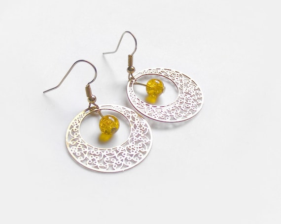 Gold hoop earrings charm, brass earrings hoop, light yellow earrings