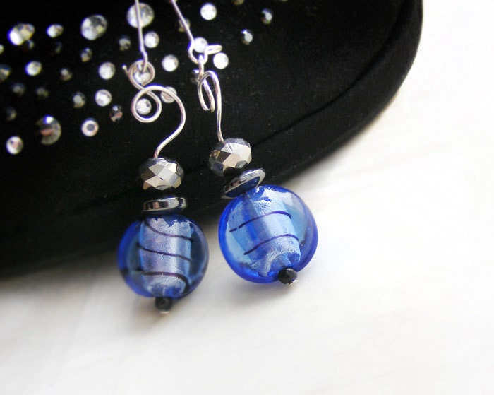 Murano glass striped earrings, royal blue earrings, blue & black elegant earrings