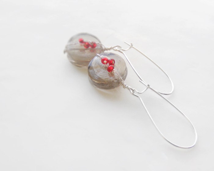 Red and Gray Earrings, murano glass earrings, handmade earrings, glass earrings, gray earrings