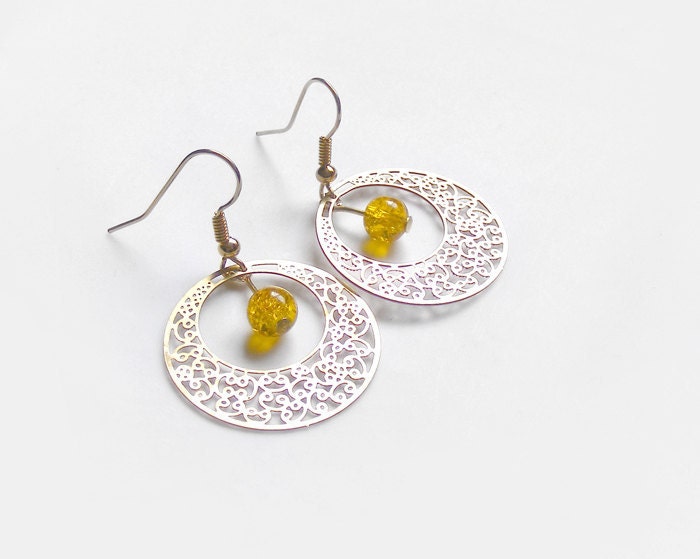 Gold hoop earrings charm, brass earrings hoop, light yellow earrings