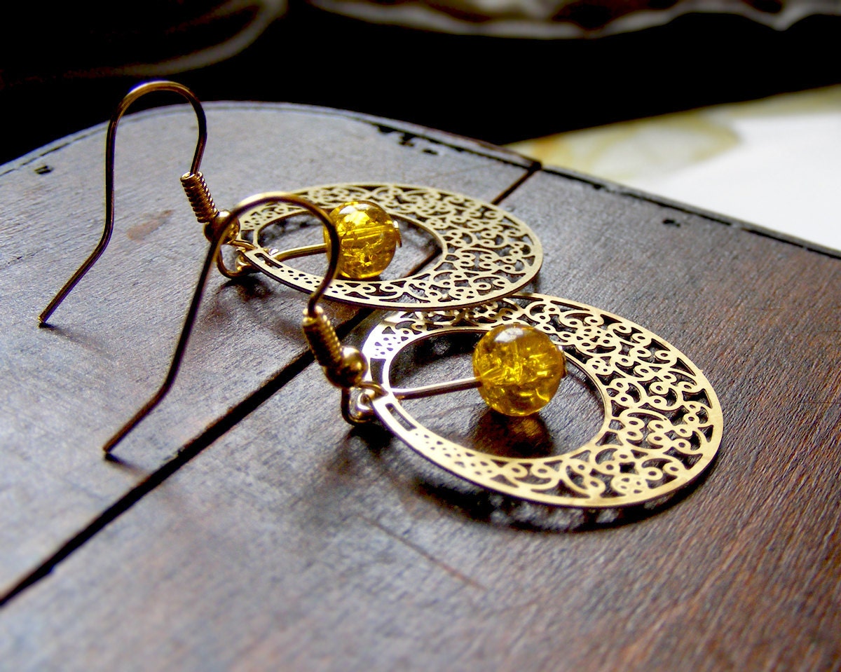 Gold hoop earrings charm, brass earrings hoop, light yellow earrings