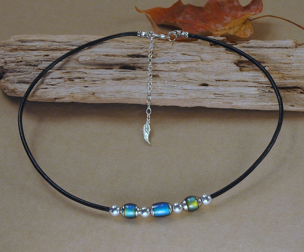 Mood Bead Necklace, Leather Necklace, Mirage Beads, Black Leather, Sterling Charms, Unique Choker Necklace, Beaded Necklace