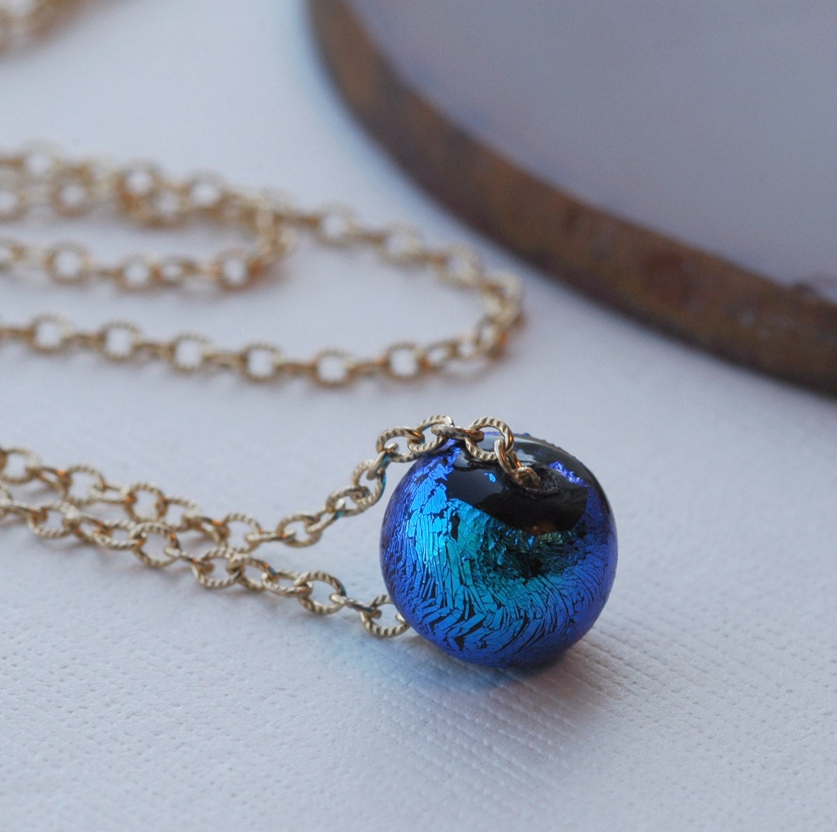 Simple Bead Necklace, Blue Black Dichroic Bead, Unique Modern Necklace, Gold Necklace, Short Pendant Necklace, Layering Necklace