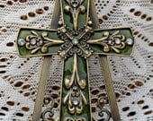 MOTHERS DAY SALE...Vintage Cross...............................mothers day green and gold cross with rhinestones