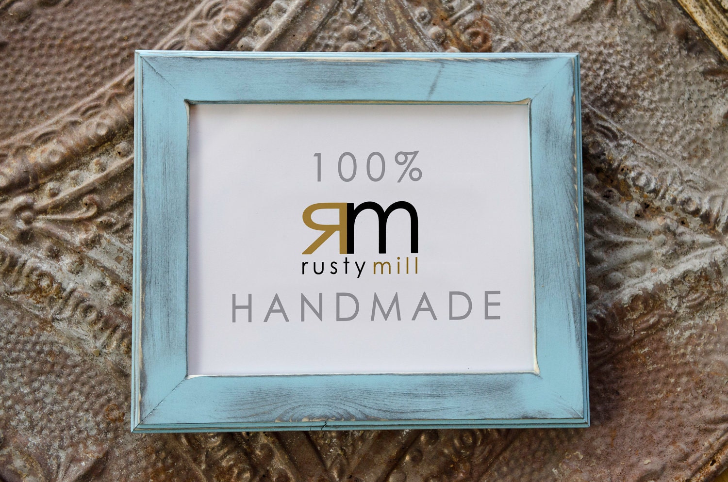 8x8, 8x10, OR 8.5x11 NATURAL pine wood distressed picture frame with rustic routered edge - aqua blue