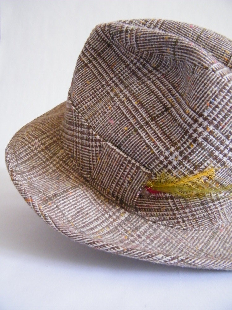 Vintage Mens Fedora Hat / Brown Tweed Plaid / Size Medium