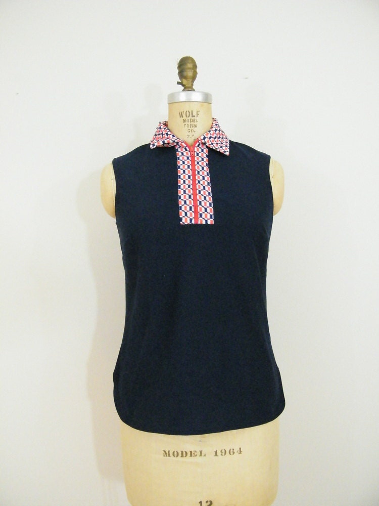 Vintage 1960s Red, White and Blue Sleeveless Shirt with Collar