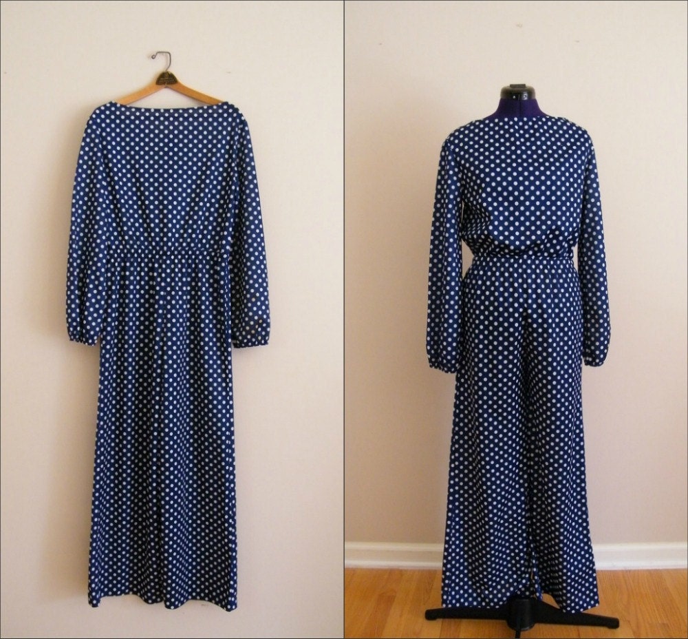 Vintage 1970s Jumpsuit / Palazzo Pants / Bell Bottoms / Blue and White Polka Dots