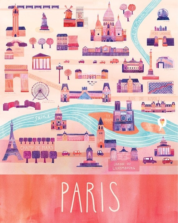 Illustrated Paris Map, 16" x 20", Digital Print