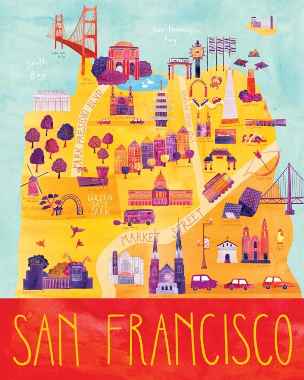 Illustrated San Francisco Map, 24" x 30", Digital Print