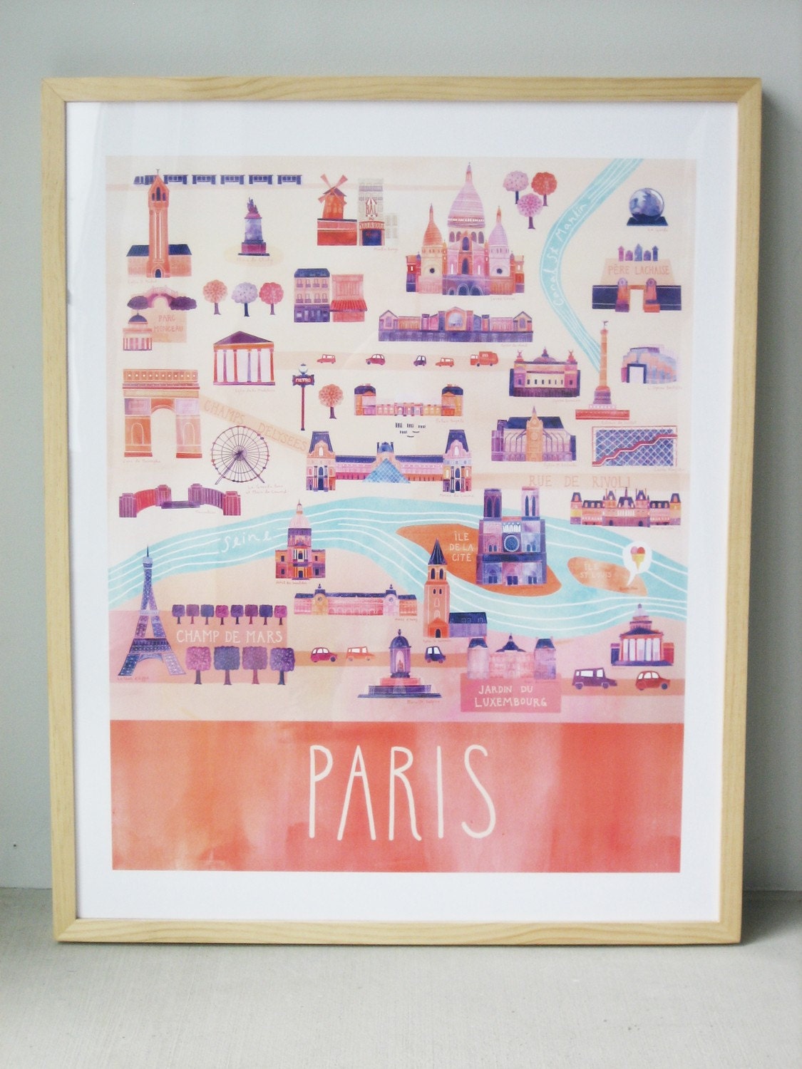Illustrated Paris Map, 24" x 30", Digital Print