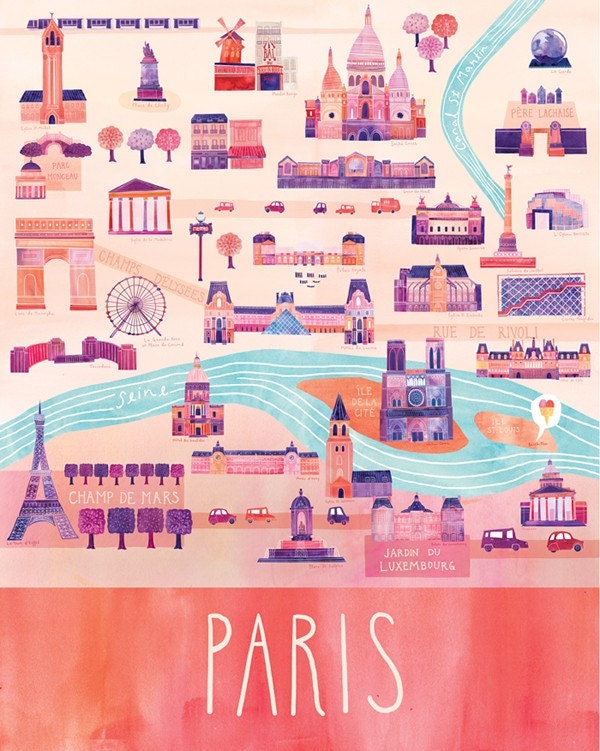 Illustrated Paris Map, 16" x 20", Digital Print