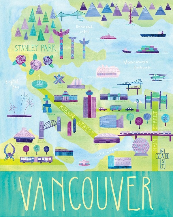 Illustrated Vancouver Map, 24" x 30", Digital Print