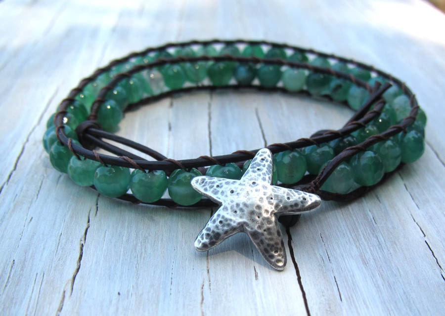 Leather Bracelet Wrap, Starfish, Beachy, Beaded Bracelet, Seafoam Green Agate, Gifts for Her, Stacking Bracelets, Boho, Gifts under 50